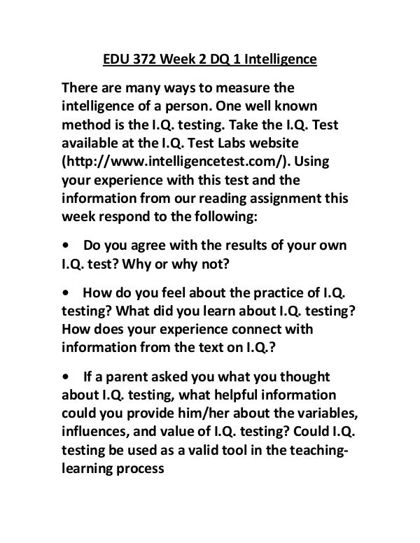 ASH EDU 372 entire course EDU 372 Week 2 DQ 1 Intelligence