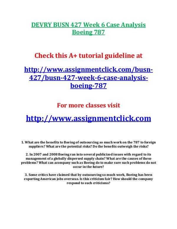 DEVRY BUSN 427 Week 6 Case Analysis Boeing 787