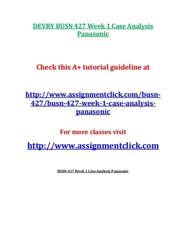 DEVRY BUSN 427 Week 1 Case Analysis Panasonic