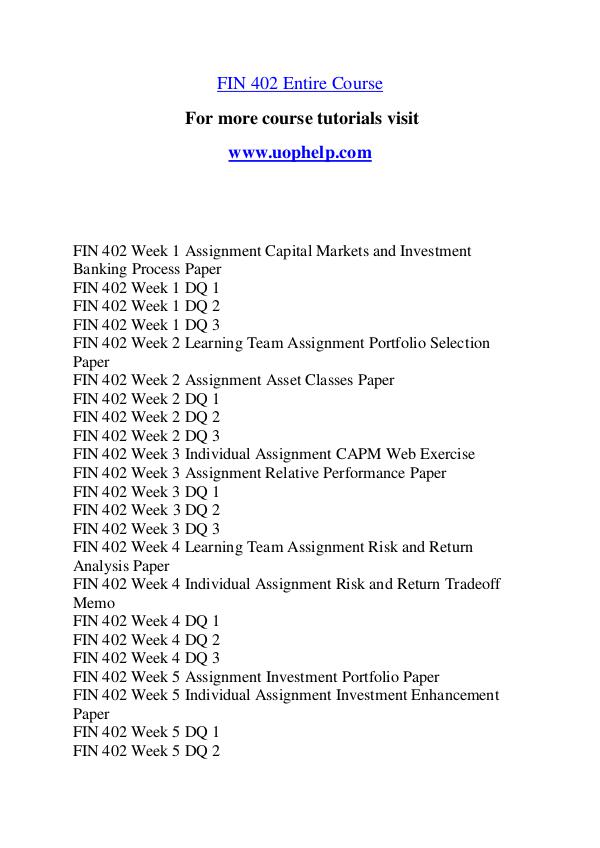 FIN 402 Expect Success/uophelp.com FIN 402 Expect Success/uophelp.com