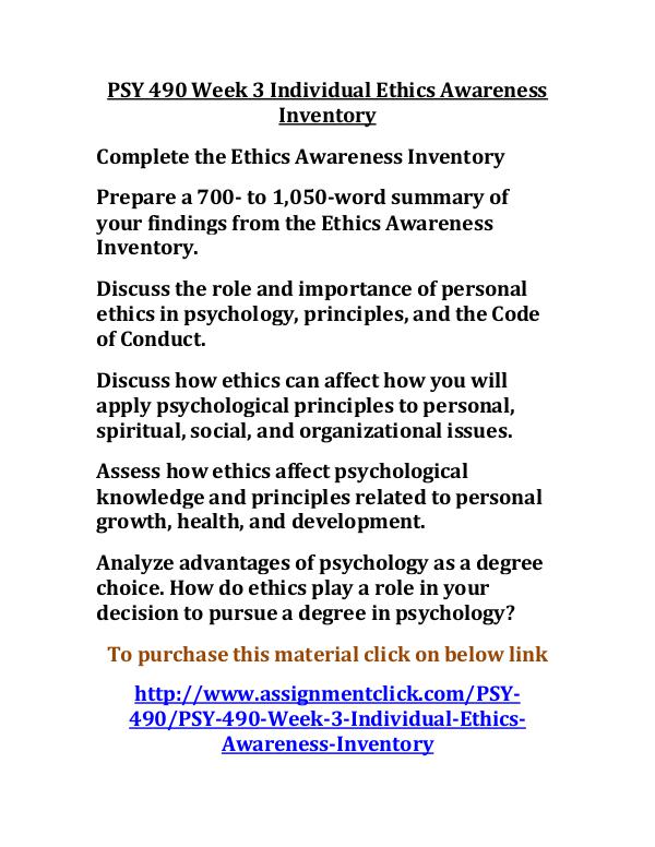 UOP PSY 490 Week 3 Individual Ethics Awareness Inv