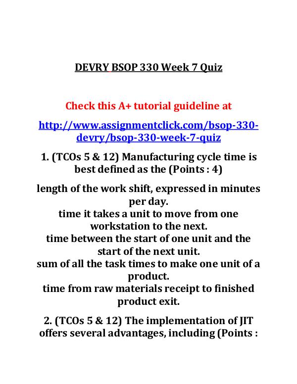 DEVRY BSOP 330 Entire Course DEVRY BSOP 330 Week 7 Quiz