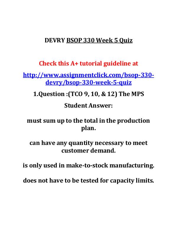 DEVRY BSOP 330 Entire Course DEVRY BSOP 330 Week 5 Quiz