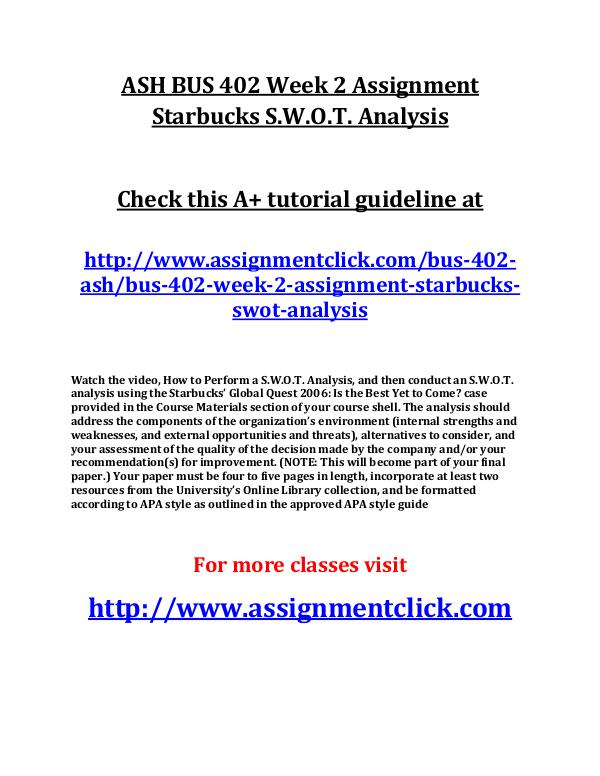 ASH BUS 402 Week 2 Assignment Starbucks S