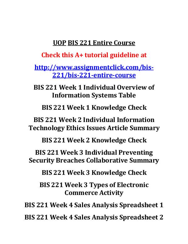 UOP BIS 221 Entire Course