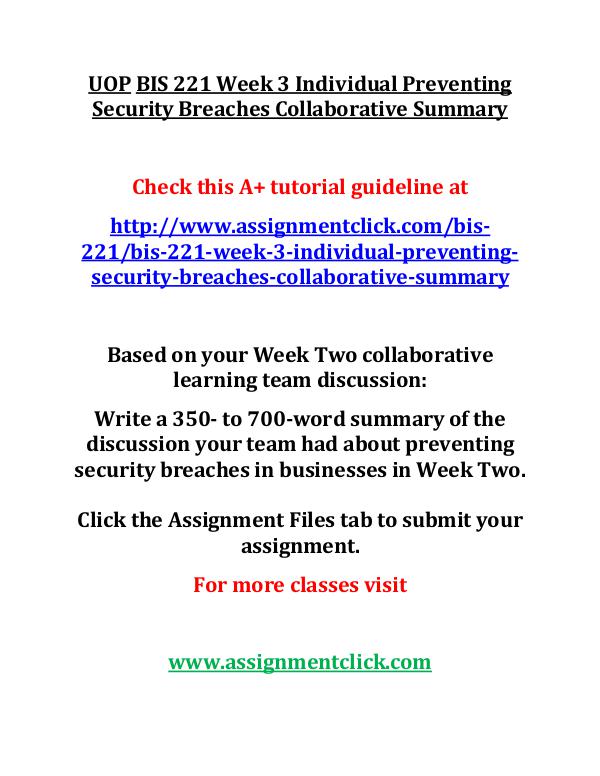 UOP BIS 221 Entire CourseUOP BIS 221 Entire Course UOP BIS 221 Week 3 Individual Preventing Security