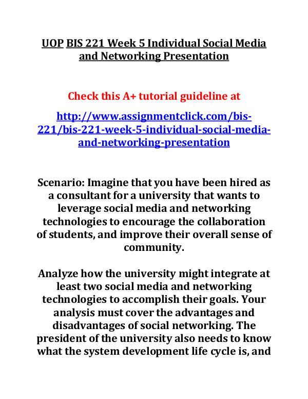 UOP BIS 221 Entire CourseUOP BIS 221 Entire Course UOP BIS 221 Week 5 Individual Social Media and Net