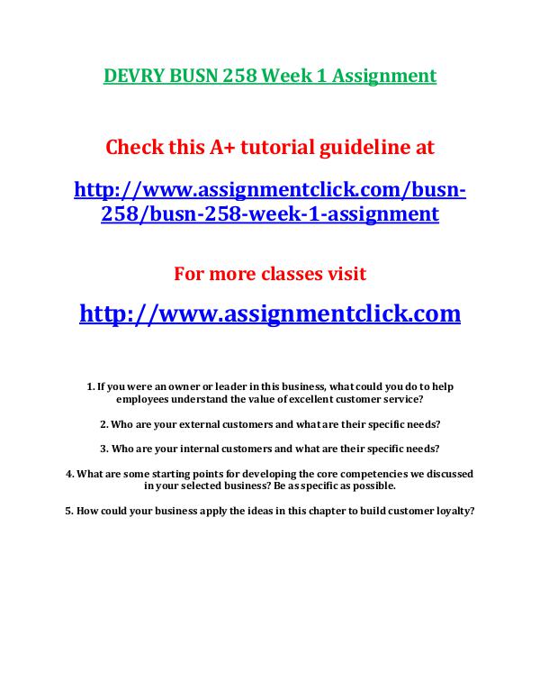 DEVRY BUSN 258 Entire Course NEWDEVRY BUSN 258 Entire Course NEW DEVRY BUSN 258 Week 1 Assignment