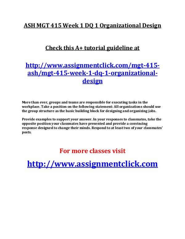 ASH MGT 415 Week 1 DQ 1 Organizational Design