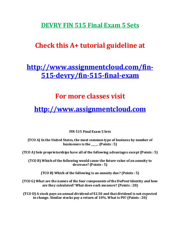 DEVRY FIN 515 Final Exam 5 Sets