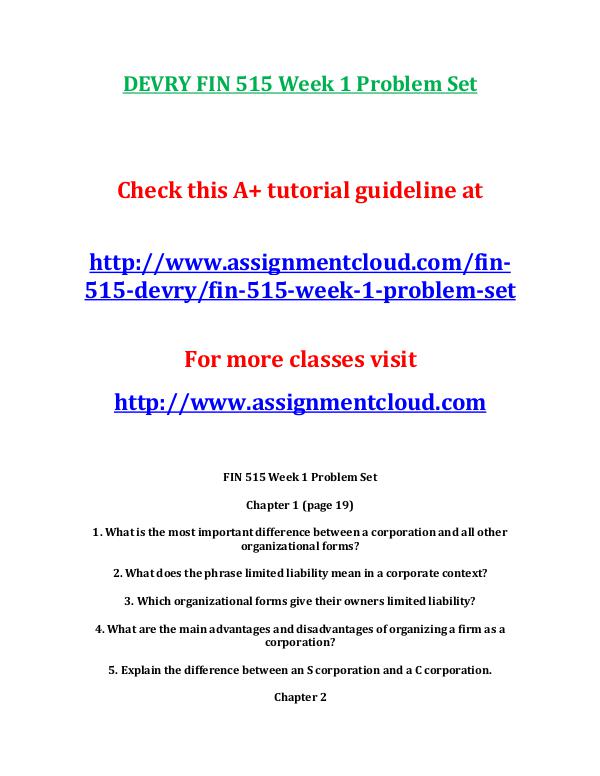 DEVRY FIN 515 Week 1 Problem Set