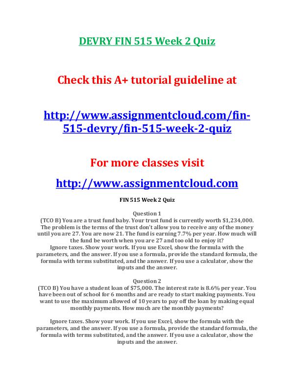 FIN 515 Devry entire course DEVRY FIN 515 Week 2 Quiz