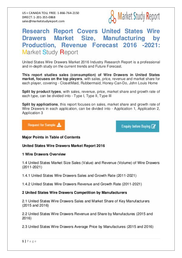 Market Watch - Global United States Wire Drawers Industry 2016-2021 United States Wire Drawers Market 2016-2021