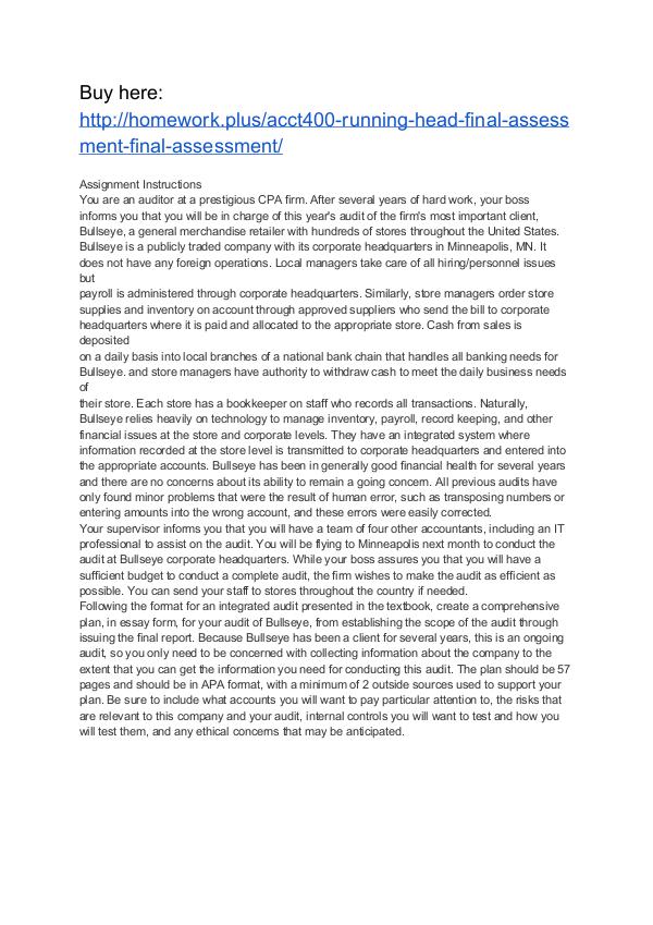 ACCT400 Running Head: Final Assessment Final Assessment ACCT400 Running Head: Final Assessment Final Asses