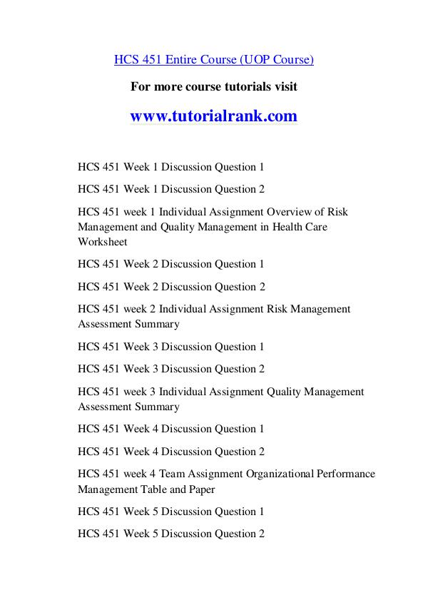 HCS 451 Course Great Wisdom / tutorialrank.com HCS 451 Course Great Wisdom / tutorialrank.com