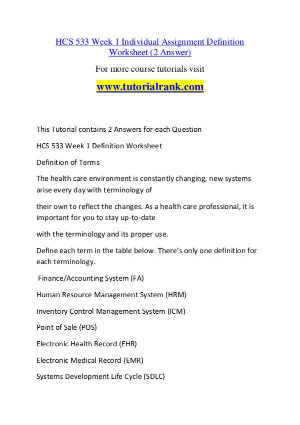 HCS 533 Course Great Wisdom / tutorialrank.com HCS 533 Course Great Wisdom / tutorialrank.com