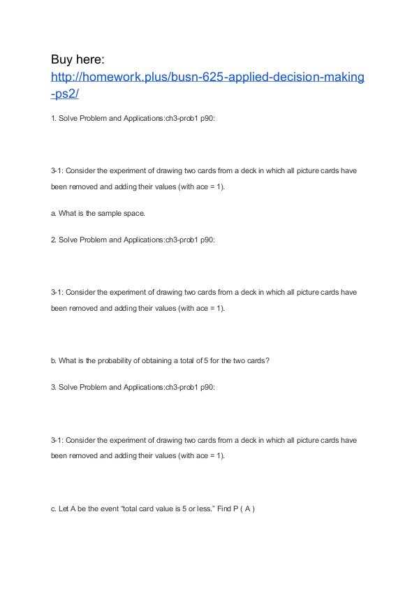 BUSN 625 Applied Decision Making PS2 APU