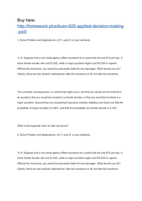 BUSN 625 Applied Decision Making PS5 APU