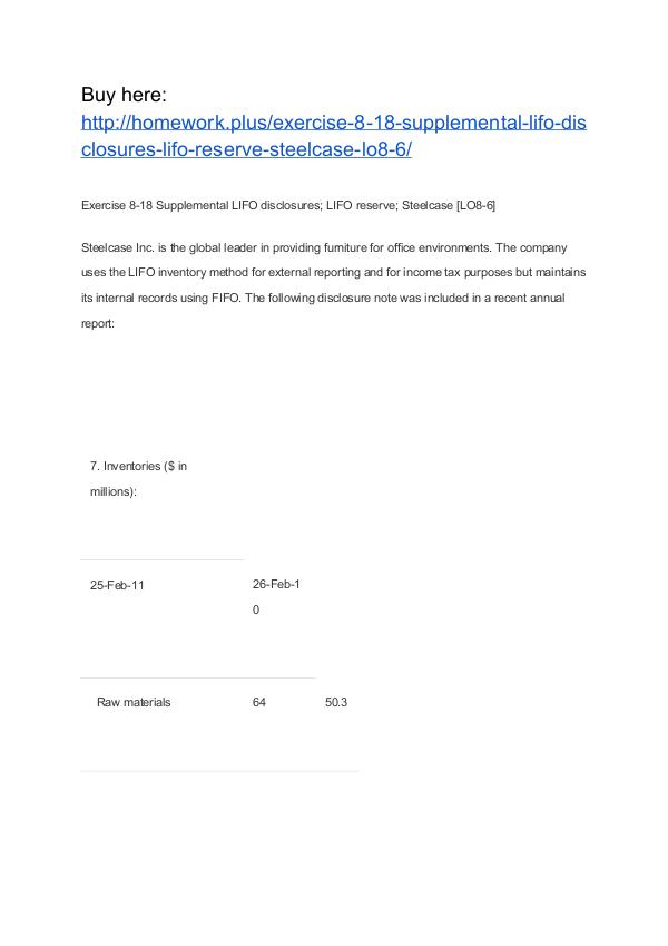 Exercise 8-18 Supplemental LIFO disclosures; LIFO reserve; Steelcase APU