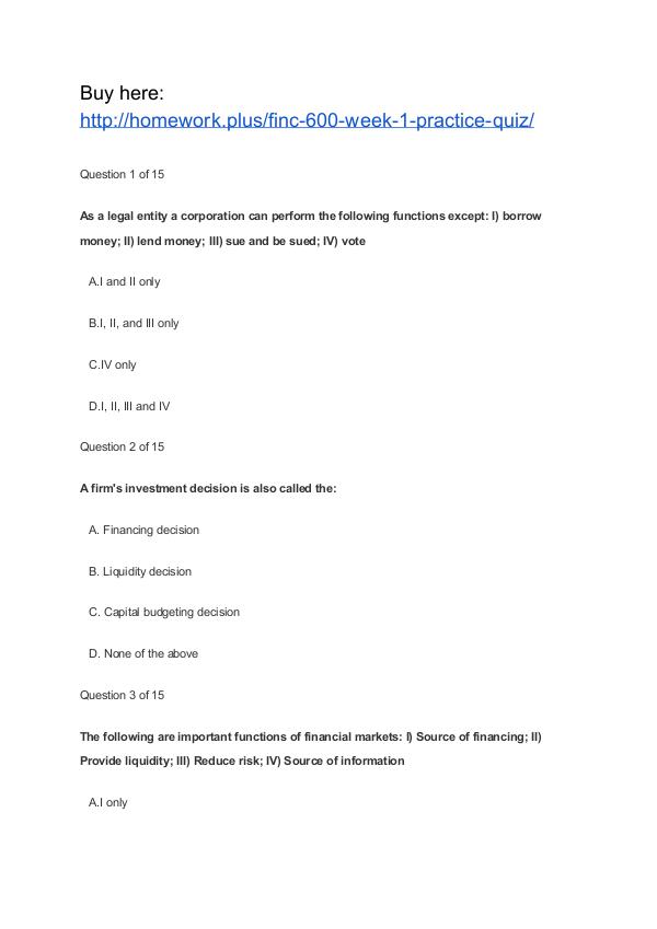 FINC 600 Week 1 Practice Quiz APU