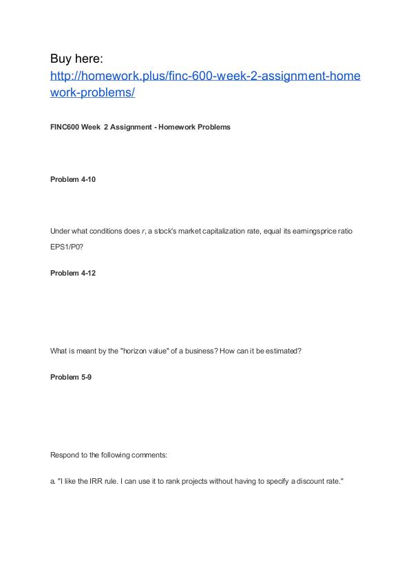 FINC 600 Week 2 Assignment Homework Problems APU