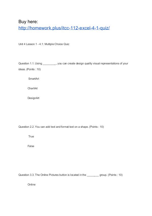 ITCC 112 Excel 4.1 Quiz APU