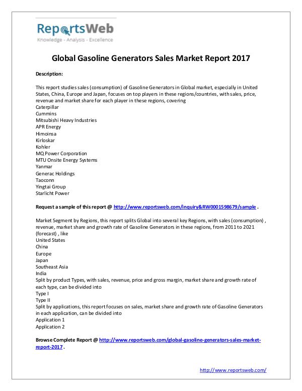 Market Analysis Gasoline Generators Sales Industry 2017-2022