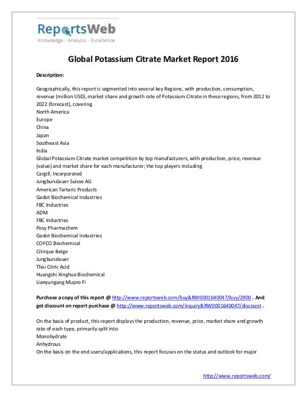 New Study: 2017 Global Potassium Citrate Market