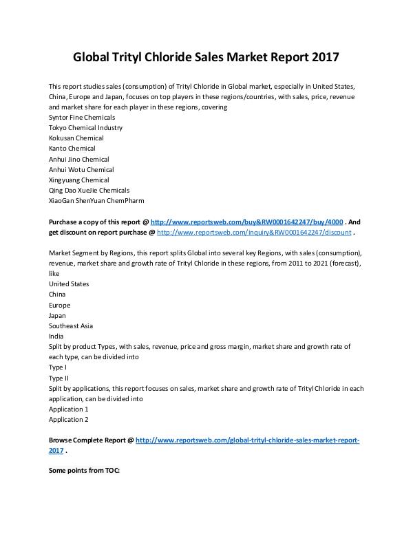 Market Analysis 2017 Trityl Chloride Sales Market