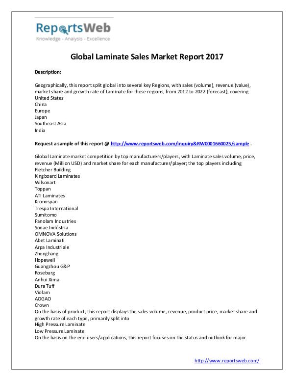 Market Analysis New Report : Global Laminate Sales Industry