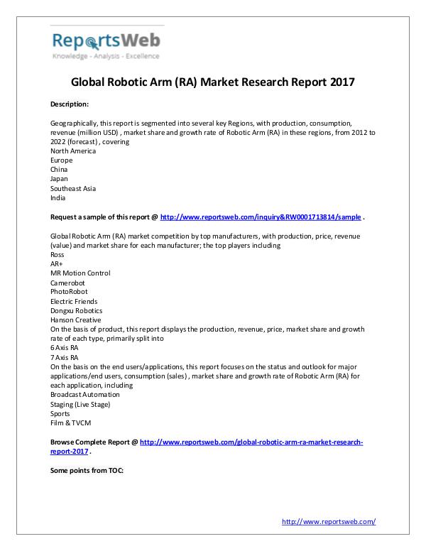 Market Analysis Robotic Arm (RA) Market 2017-2022 Report