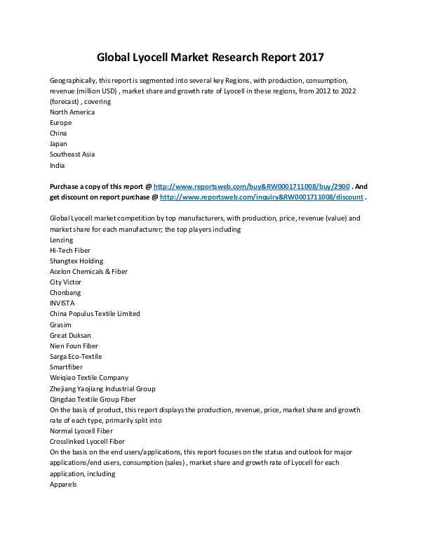 Market Analysis New Study: 2017 Global Lyocell Market