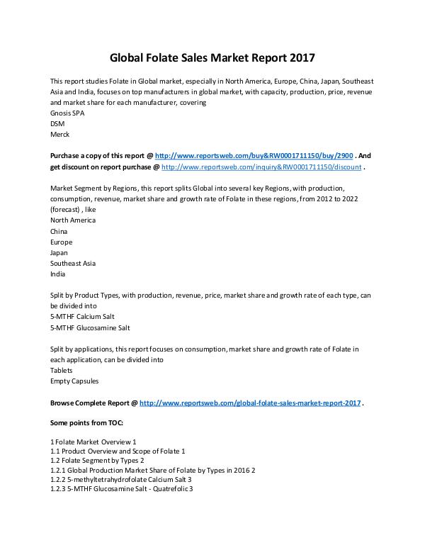Market Analysis 2017-2022 Folate Sales Market