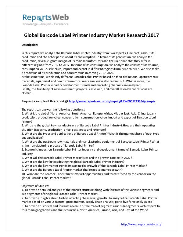 Market Analysis 2017 Study - Global Barcode Label Printer Market