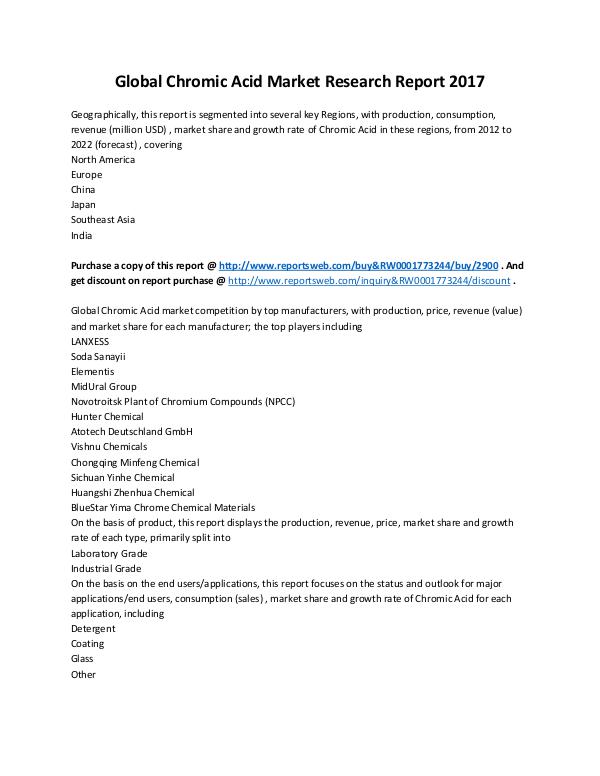 Market Analysis 2017 Analysis: Global Chromic Acid Industry