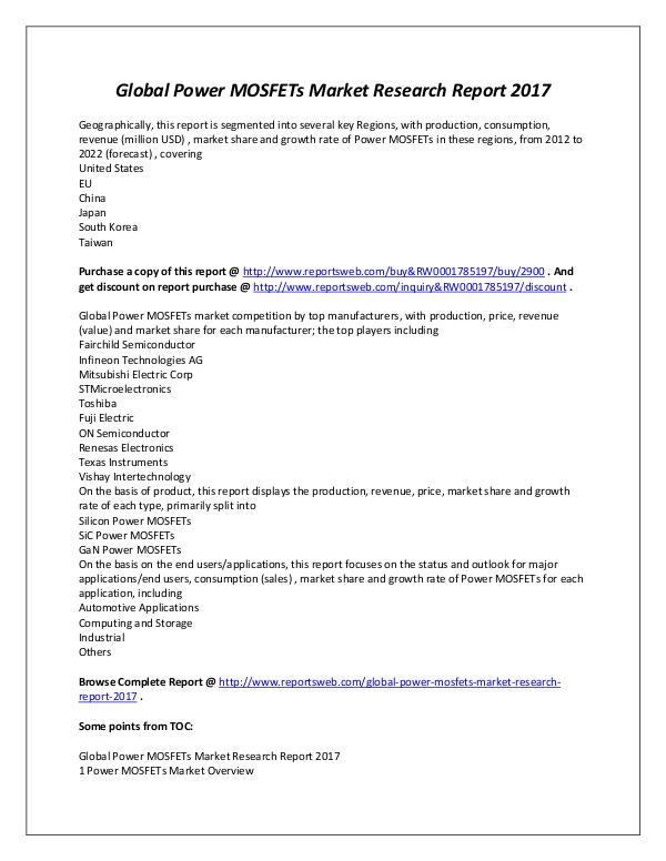 Market Analysis 2017 Analysis: Global Power MOSFETs Industry
