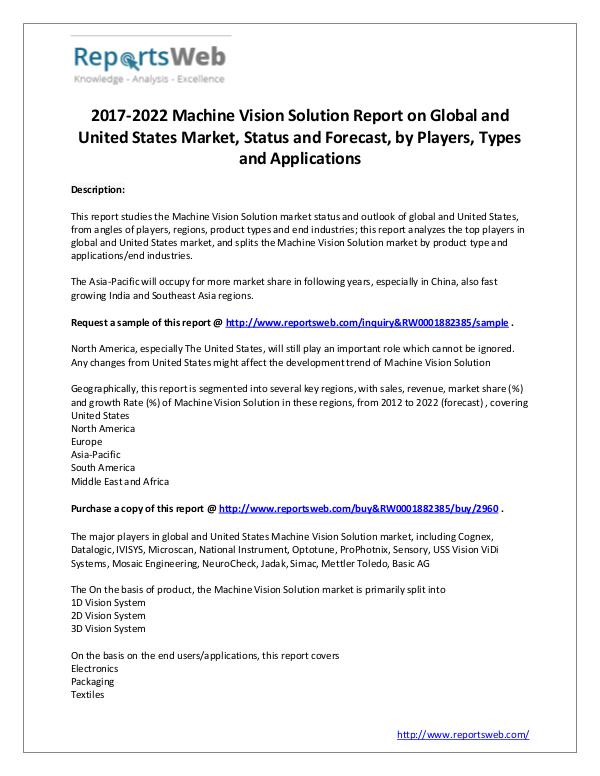 Market Analysis 2017 Global and US Machine Vision Solution Market