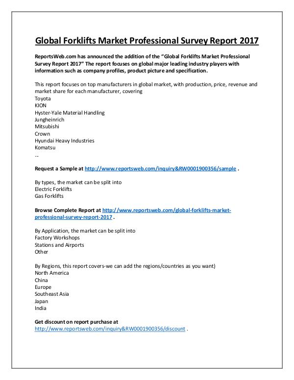 Market Analysis Forklifts Market Overview to 2022 –ReportsWeb