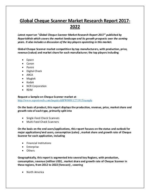 Market Analysis Cheque Scanner Market 2017 Key Manufacturers