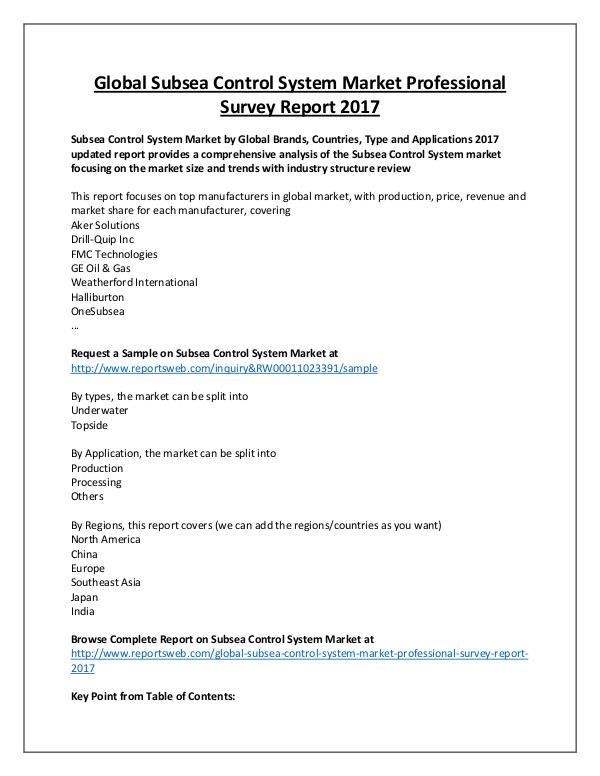 Subsea Control System Market Overview to 2022