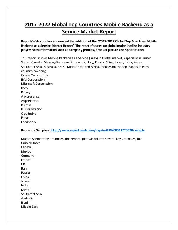 Market Analysis Mobile Backend as a Service Market 2017 Emerging