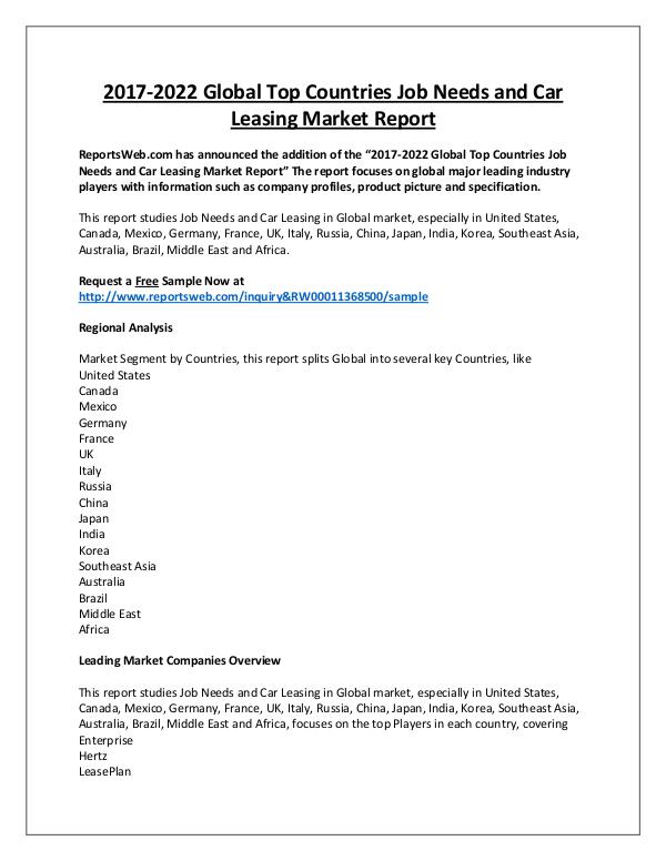 Market Analysis Job Needs and Car Leasing Market Regional Forecast