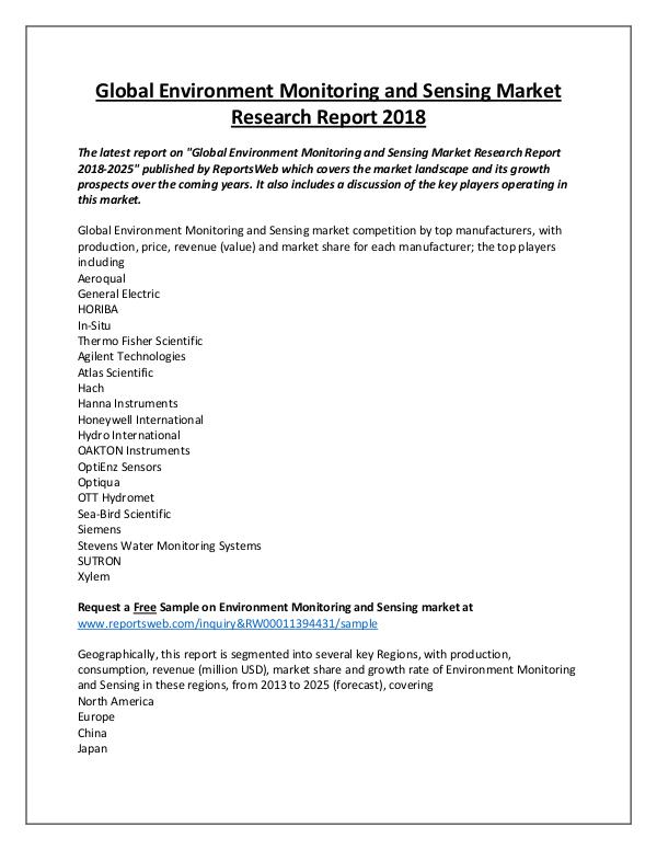 Market Analysis Environment Monitoring and Sensing Market 2018