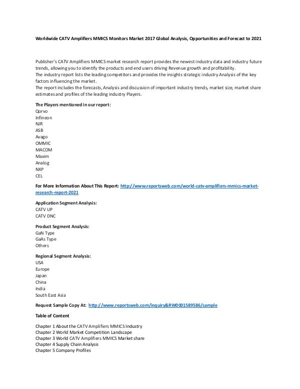 Market Research Update World CATV Amplifiers MMICS Market Research Report