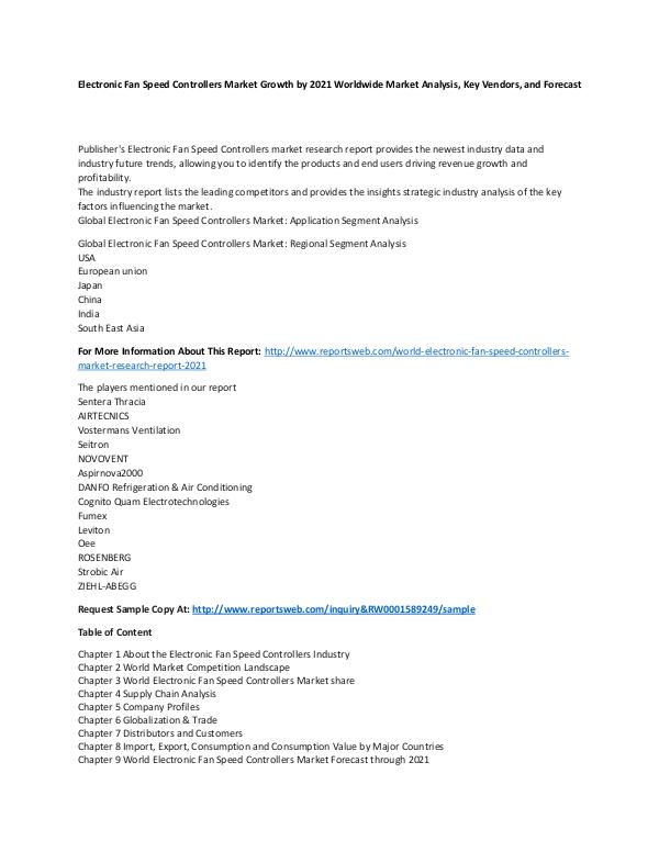 Market Research Update World Electronic Fan Speed Controllers Market Rese