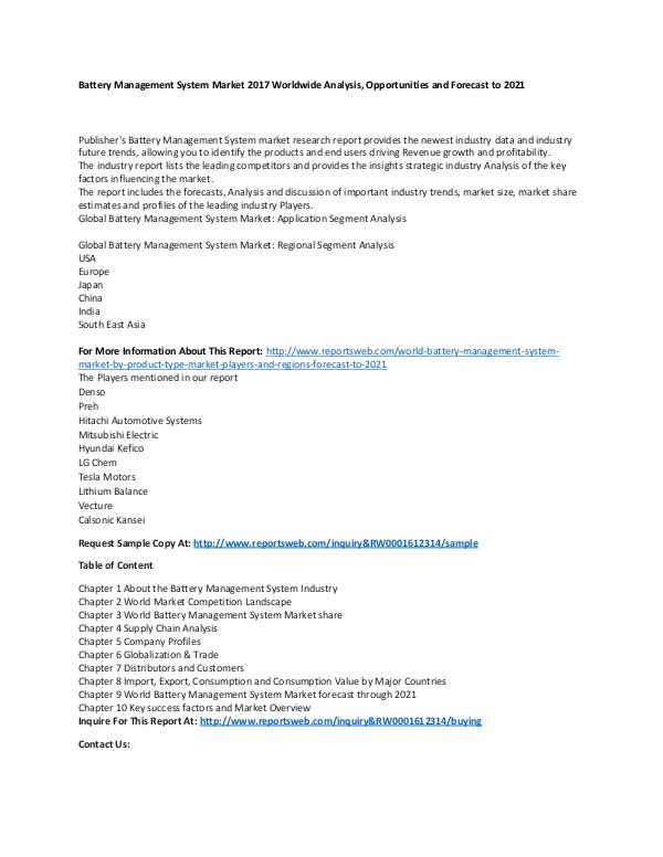 Market Research Update World Battery Management System Market by Product