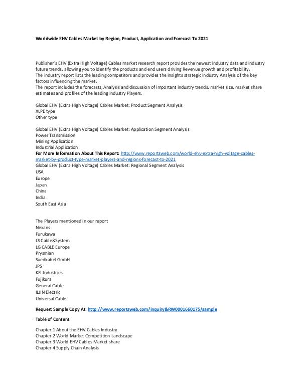 Market Research Update World EHV (Extra High Voltage) Cables Market by Pr