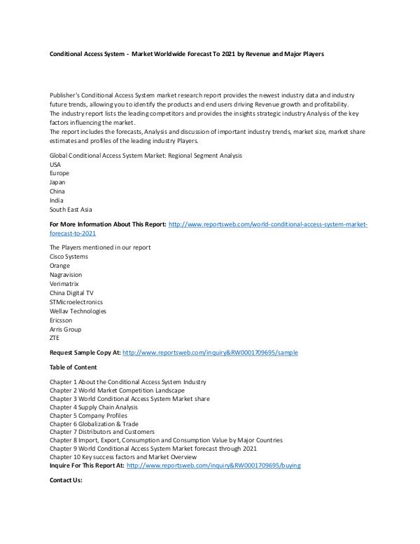 Market Research Update World Conditional Access System Market Forecast to