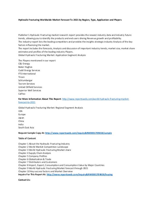 Market Research Update World Hydraulic Fracturing Market Forecast to 2021