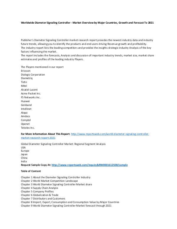 Market Research Update World Diameter Signaling Controller Market Researc